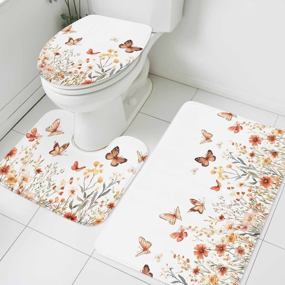 Orange Flower Bathroom Rugs Set Watercolor Butterfly Wildflower Non Slip Absorbent Soft Bath Mats 3 Piece Set with Bathroom Rug, U-Shaped Floor Mat, Toilet Seat Cover Large Size