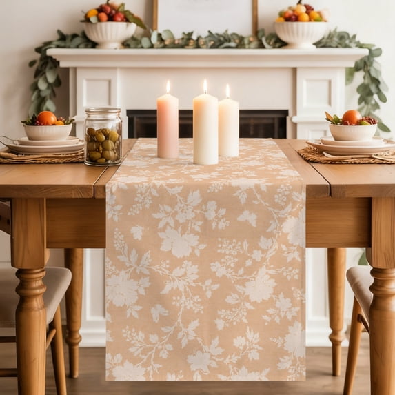 Orange Flower Dining Table Runner, Classic Beige Rose Damask Shabby Chic French Country Washable Table Runners Kitchen Coffee Table Center Decor for Home Party Holiday Wedding 13 x 70 Inches