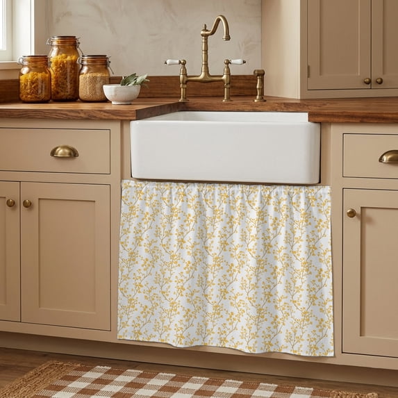 Orange Flower Leaf Cabinet Curtains 28"W x 35"L, Botanical Plant Floral Tree Branch Under Sink Skirt for Bathroom Vanity Kitchen Self Adhesive, Dust-Proof Privacy Curtain for Closet Shelves