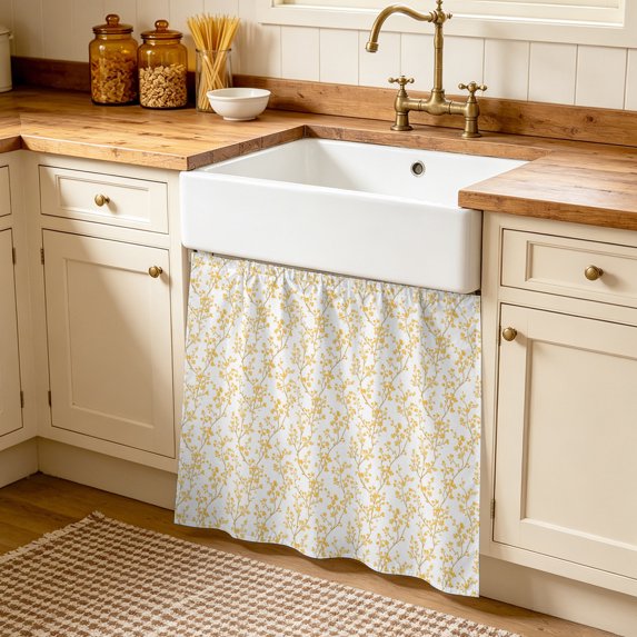 Orange Flower Leaf Cabinet Curtains 35"W x 35"L, Botanical Plant Floral Tree Branch Sink Skirt for Bathroom Vanity Kitchen Self Adhesive, Dust-Proof Privacy Curtain for Shelves Closet Laundry Pantry