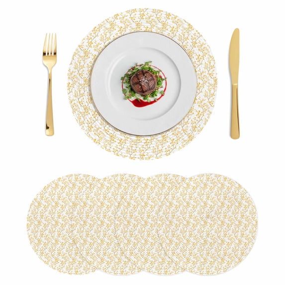Orange Flower Leaf Round 13 Inch Placemats Set of 4, Botanical Plant Floral Tree Branch HeatResistant Non Slip Place Mats for Dining Table, Wipeable Braided Kitchen Table Mats for Housewarming
