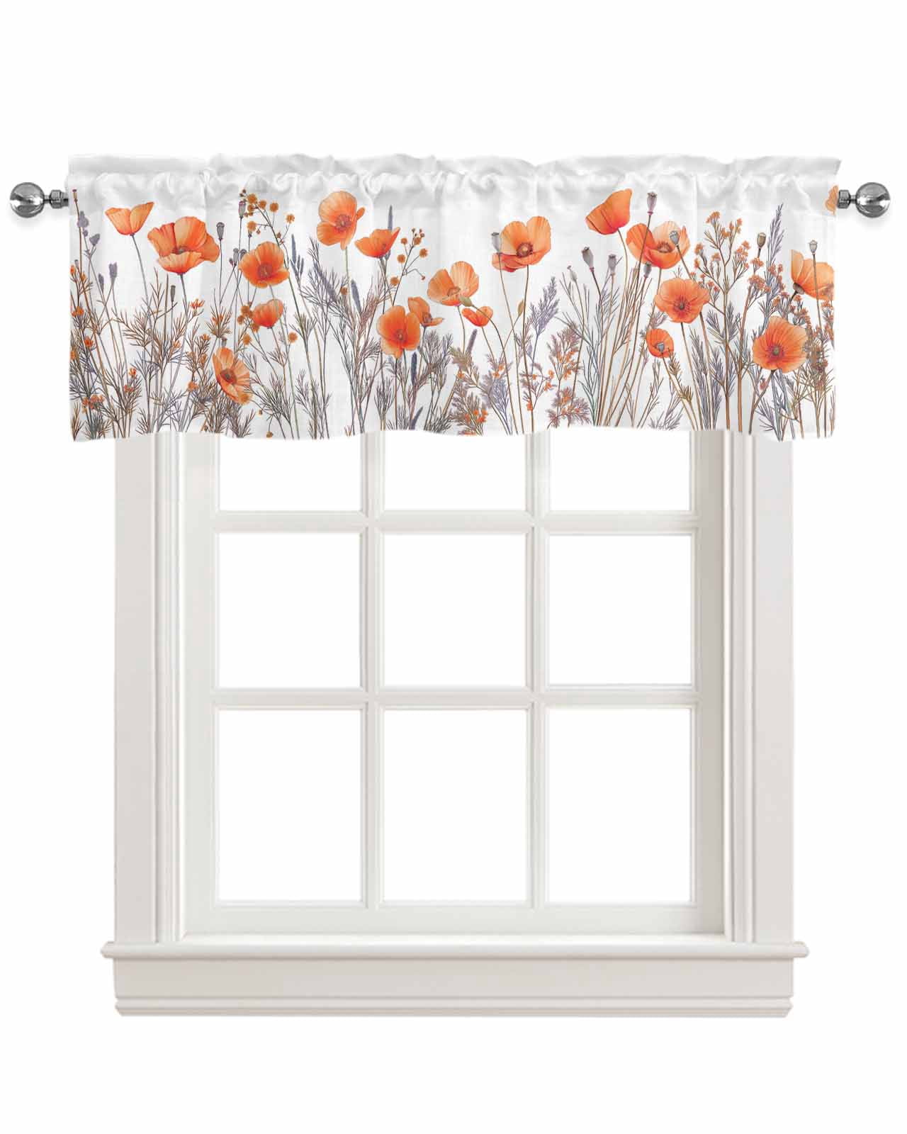 Orange Flower Linen Curtain Valance for Bedroom/Bathroom/Kitchen/Office/Living/Dining Room Window,Pastel Botanical Floral Leav Herb Pocket Topper Drapes Decorative Cafe Drapery Panel 54"x18"