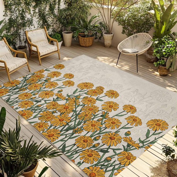 Orange Flower Outdoor Rug 5x8 Ft - Reversible Patio Rug Outdoor Camping Rugs, Daisy Leaf Floral Background Simple Washable Indoor Outdoor Area Rugs, Non-Slip Outdoor Carpet Runner for Deck/Porch