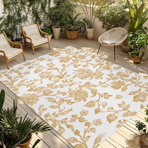Orange Flower Outdoor Rug 5x8 Ft - Reversible Patio Rug Outdoor Camping Rugs, Vintage Farmhouse Boho Leaf Spring Plant Washable Indoor Outdoor Area Rugs, Non-Slip Outdoor Carpet Runner for Deck/Porch