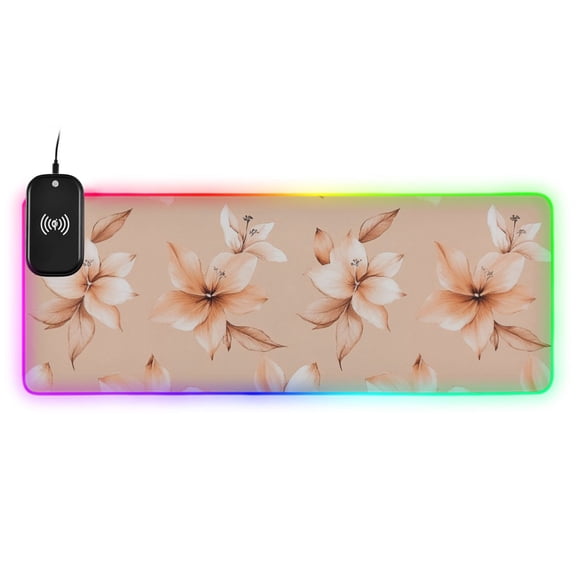 Orange Flower Pattern Wireless Charging RGB Gaming Mouse Pad Large Keyboard Mat Rubber Base 13 Light Modes