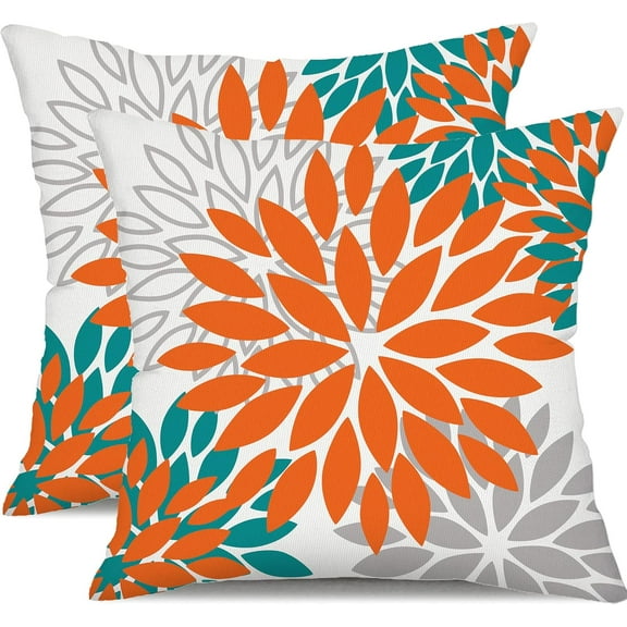 Orange Flower Pillow Covers 16x16 Inch Set of 2 Fall Throw Pillows Outdoor Waterproof Decor for Living Room Sofa Patio Funiture Garden Floral Polyester Pillow Cover 002N16