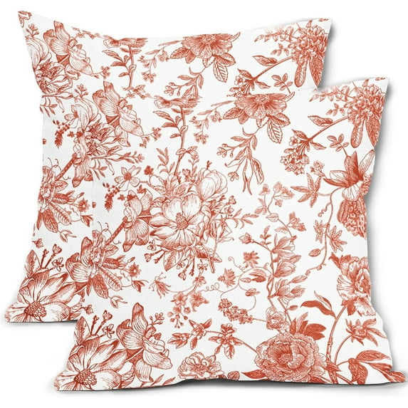 Orange Flower Pillow Covers 18x18 Inch Set of 2 White and Burnt Orange Throw Pillow Covers Vintage Floral Fall Outdoor Pillowscase Cotton Linen Square Cushion Covers for Sofa Couch Bedroom Home Decor