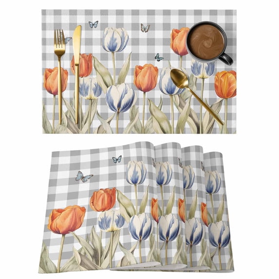 Orange Flower Placemats Set of 12 Blue Tulip Butterfly Watercolor Plaid Grey Place Mats Indoor Wipeable Table Mats Washable Dining Table Placemats for Kitchen Holiday Party Home Decor 13x19 Inch