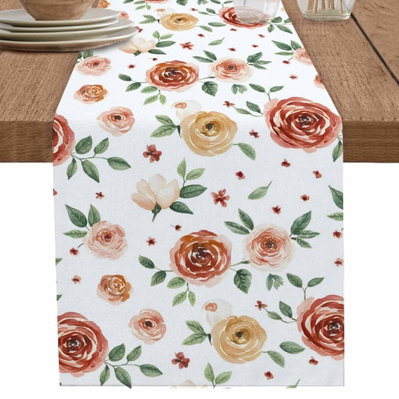 Orange Flower Rose Leaves on White Table Runner-36 Inch Long Countryside Botanical Table Runners Linen Burlap Tablerunner for Kitchen Dining Room Holiday Party