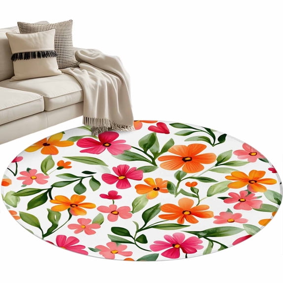 Orange Flower Round Area Rug 3ft Spring Watercolor Floral Leaf Country Non-Slip Washable Circle Rugs Soft Felt Indoor Floor Mat for Bedroom Kitchen Living Room Bathroom