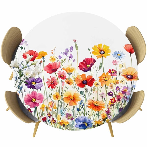 Orange Flower Round Tablecloth 36-44 Inch Round Fitted Table Cloth with Elastic Edge, Yellow Blue Daisy Blossoming Plant Leaf Waterproof Table Cover Protector for Outdoor Picnic Party Dining