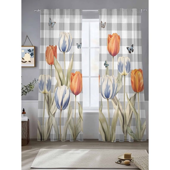Orange Flower Sheer Curtains for Living Room Bedroom Blue Tulip Butterfly Watercolor Plaid Grey Sheer Curtains 84 Inch Long 2 Panels Set Light Filtering Curtain Window Treatments Drapes