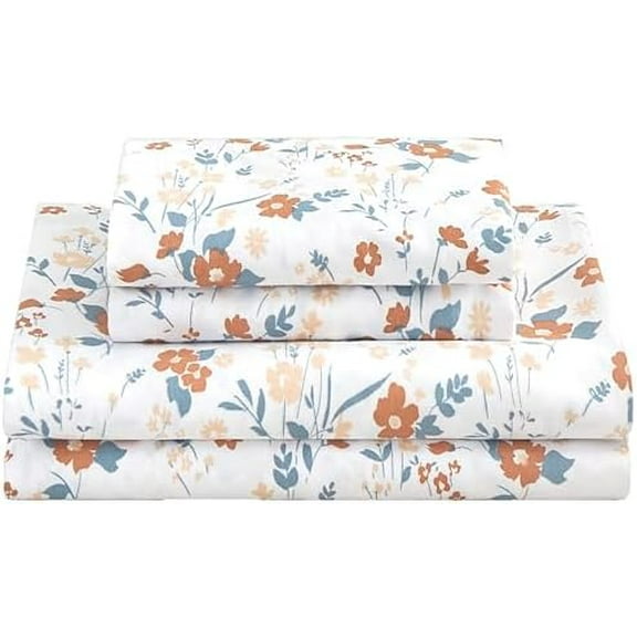 Orange Flower Sheets for King Size Bed Floral Bed Sheets King Printed Sheets - 4 Piece Soft Microfiber Patterned Fitted Sheets King with 15" Deep Pocket
