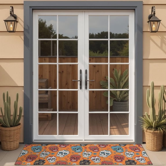 Orange Flower Skull Pattern Door Rugs,Washable Non Slip Door Mats Indoor,Decorative Door Mats,Entry Mat Indoor for Entrance,Bedroom,Kitchen,Bathroom,16"x47"