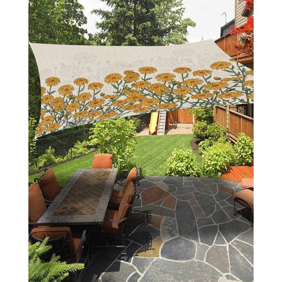Orange Flower Sun Sail Shades Rectangle Canopy,Sunlight Block Heavy Duty Curved Backyard Shade Cover,Daisy Leaf Floral Background Simple Waterproof Sun Shades for Patios Garden Pergola 6.5'x10'