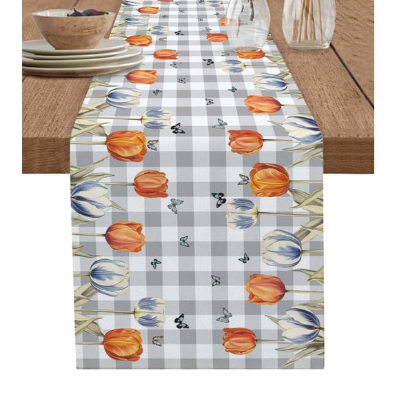 Orange Flower Table Runner Cotton Linen 108 Inch Holiday Dresser Scarves, Blue Tulip Butterfly Watercolor Plaid Grey Tablerunner for Kitchen Coffee Dining Bedroom Dinner Scarf Décor 13''x108''
