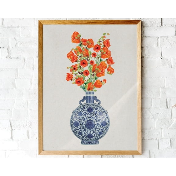 Orange Flower Vase Print, Botanical Poster, China Vase, Chinoiserie, Trending Flower Print, Floral Wall Art, Modern Wall Decor, 24x36 UNFRAMED