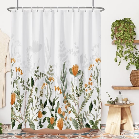 Orange Flower Waterproof Shower Curtain,Wild Flower Floral Garden Shower Curtain Set for Bathroom,Green Bush Plant Fabric Bath Curtain with Hooks 72"W x 96"L (Pack of 1)