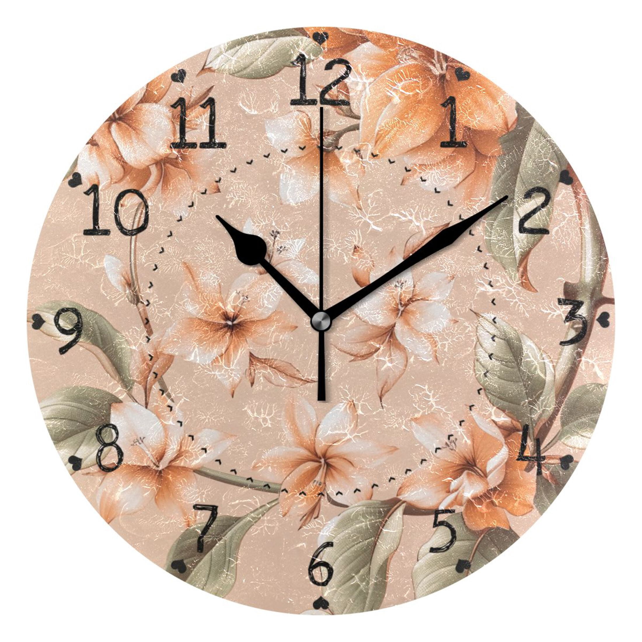 Orange Flower and Leave Round Wall Clock Silent Battery Operated Home ...