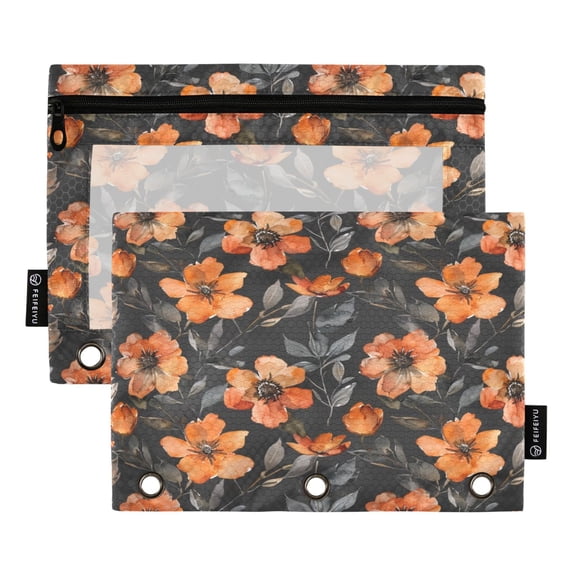 Orange Flower and Leaves 2 Pack Pencil Pouch for 3 Ring Binder Smooth Zipper Folders with Pockets Clear Window Pencil Case