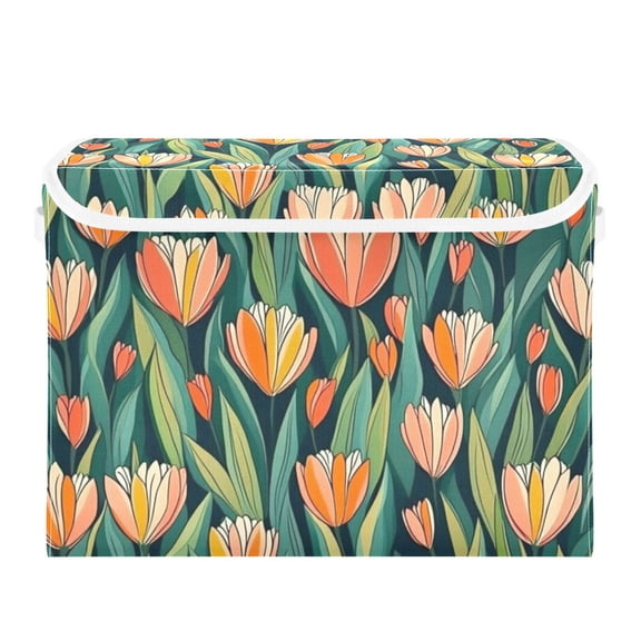 Orange Flowers Bloom Large Storage Bins with Linen Collapsible Lid Storage Box 16.7 x 12.6 x 11.8in