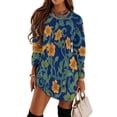 thumbnail image 1 of Orange Flowers Blue Background Floral Pattern Loose Dress Evening Dress Summer Dresses for Women Luxury Dress Long Sleeved Dress, 1 of 4