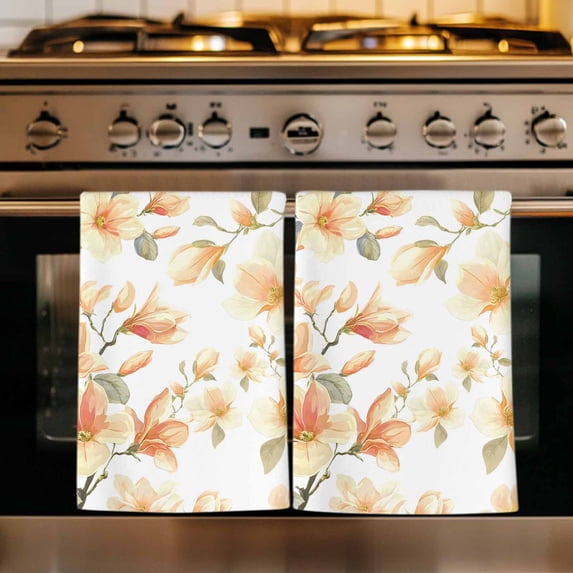 Orange Flowers Kitchen Towels Set of 3, Spring Watercolor Botanical Floral Leaf Plant Absorbent Dish Towels for Kitchen, Microfiber Hand Towel, Quick Drying Tea Towel for Cleaning Dishcloths