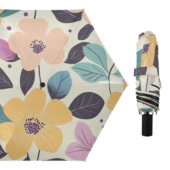 Orange Flowers Leaves Purple Dots All Weather Umbrella Triple Folding Parasol 6 Ribs UV Protection Portable