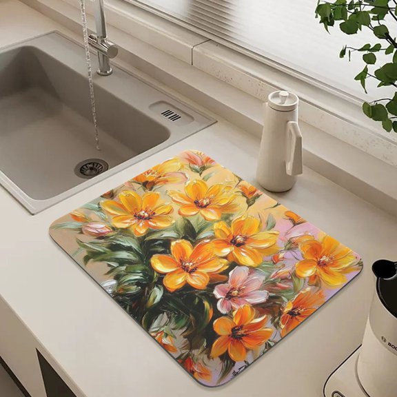Orange Flowers Oil Painting Dish Drying Mat for Kitchen Counter Absorbent Drainer Mats (15.7X11.8inch)
