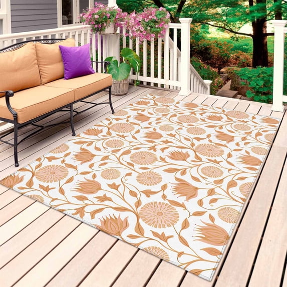 Orange Flowers Outdoor Rug for Patio/Deck/Porch, Non-Slip Large Area Rug 5 x 7 Ft, Vintage Chic Farmhouse Plants Floral Indoor Outdoor Rugs Washable Area Rugs, Reversible Camping Rug Carpet Runner