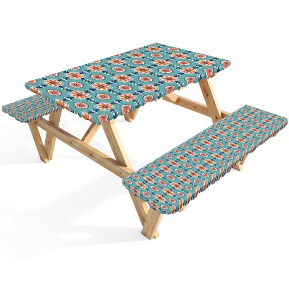 Orange Flowers Picnic Table Cover with Bench Covers Abstract Overlay Waterproof Fitted Picnic Tablecloth 3 Pieces Set Table Cloth for Outdoor Camping Garden BBQ