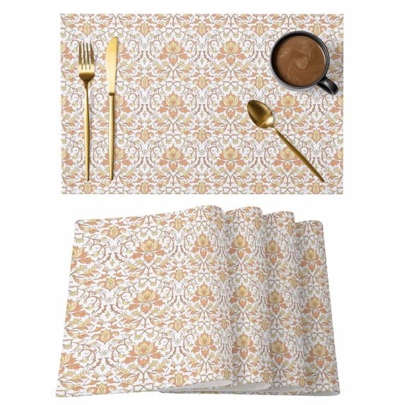 Orange Flowers Placemats Set of 4, Boho Ethnic Retro Abstract Floral Art Placemats for Dining Table, Place Mats for Kitchen Tabletop, Waterproof Wipeable Dining Table Mats Set