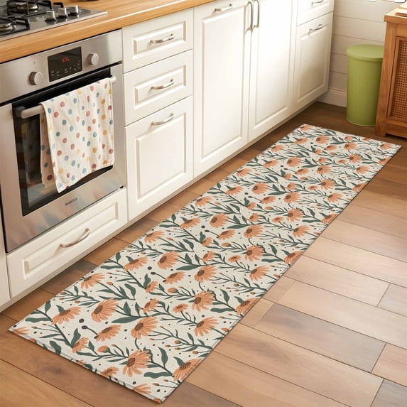 Orange Flowers Runner Rugs 2x6 ft Daisies Abstract Linen Texture Washable Hallway Rugs Non-Slip Floor Mats Absorbent Carpet Bedside Runners for Bedroom Kitchen Bathroom Laundry Room