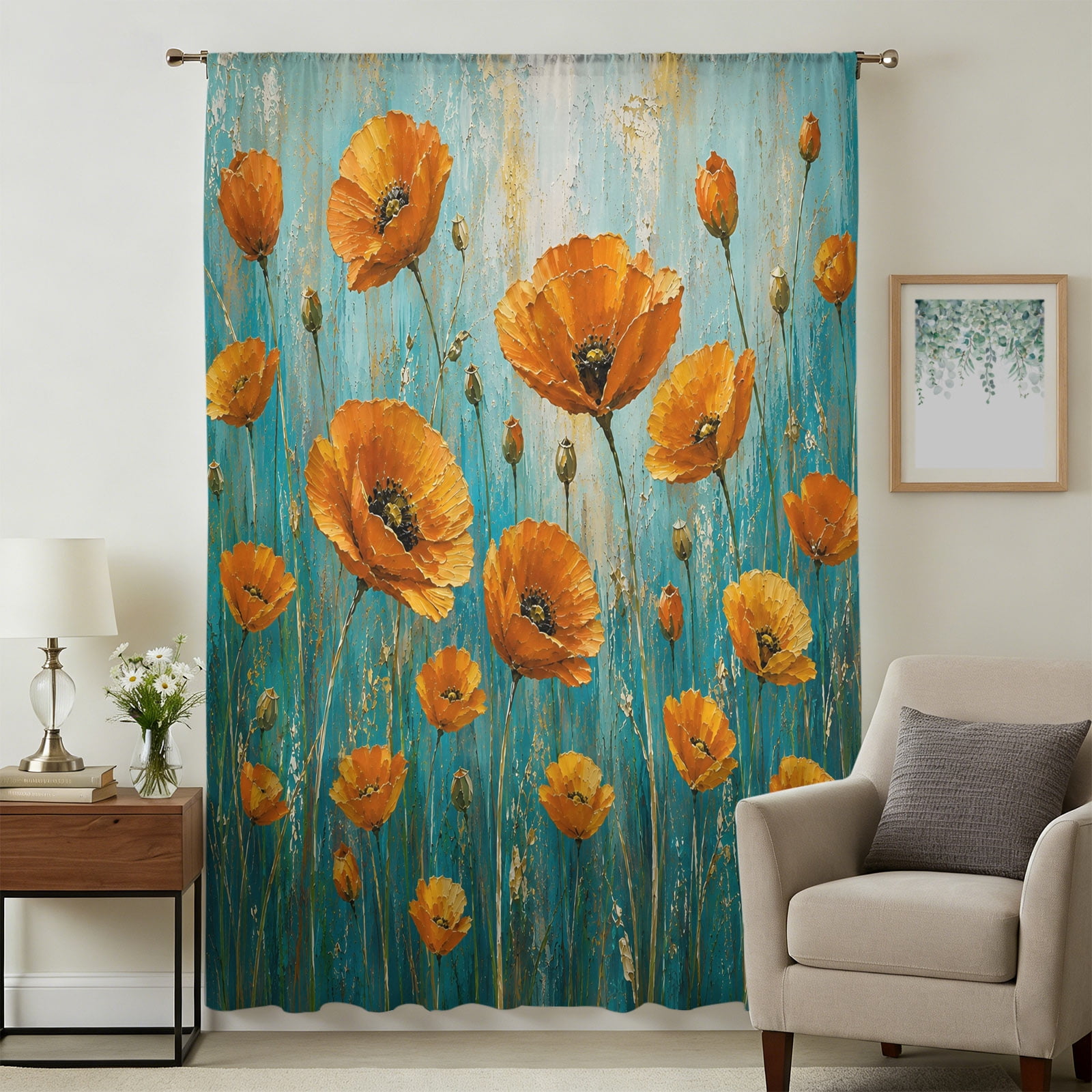 Orange Flowers Sheer Curtains 108 Inches Extra Long, Rustic Botanical