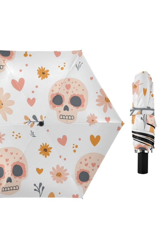 Orange Flowers Skulls Hearts Valentine All Weather Umbrella Triple Folding Parasol 6 Ribs UV Protection Portable