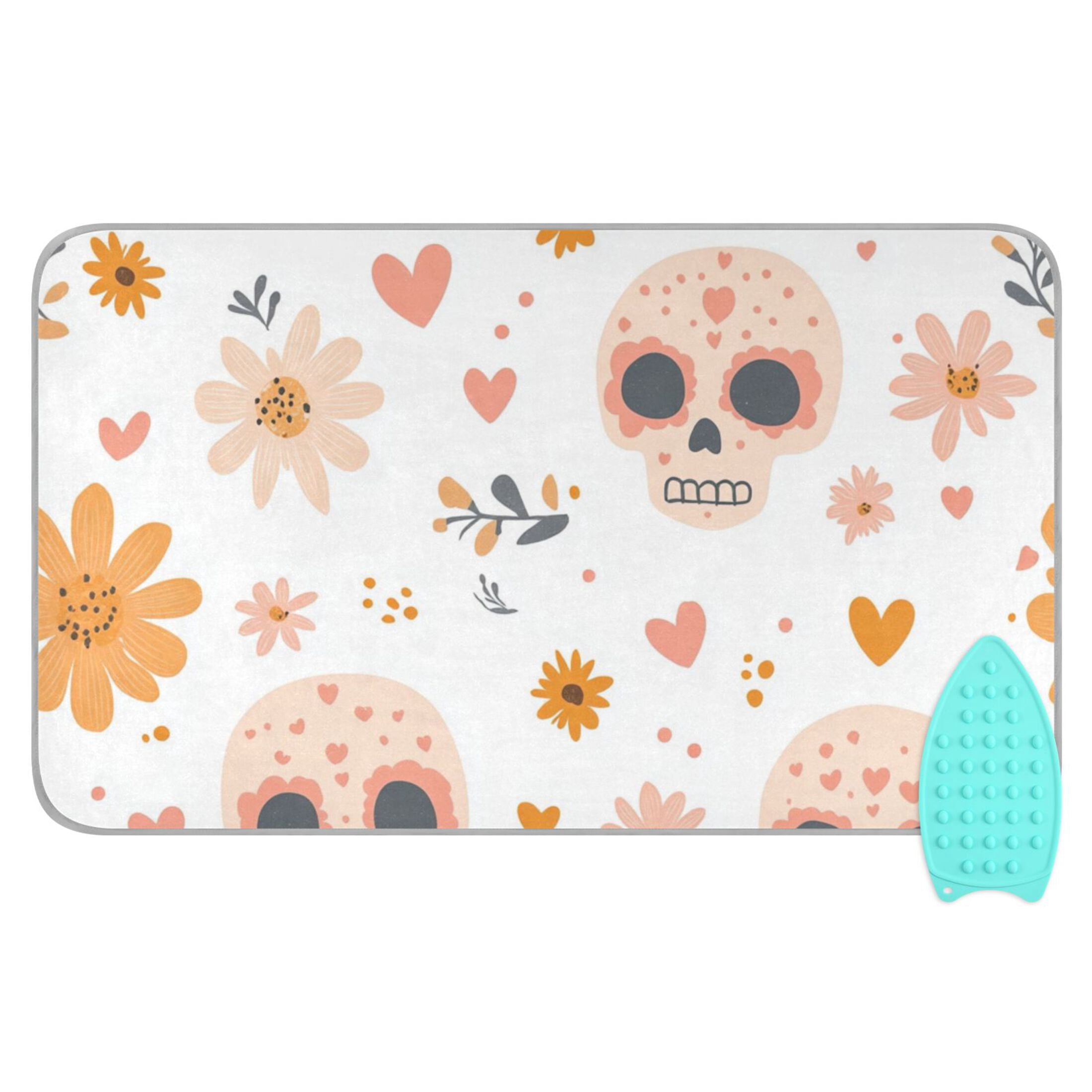 Orange Flowers Skulls Hearts Valentine Ironing Mat Blanket Portable Travel Ironing Pad Heat Resistant Pad 47.2" x 27.6”