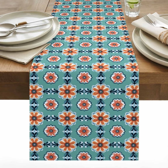 Orange Flowers Table Runner 13x36 inch Abstract Overlay Cotton Linen Dining Table Runner Ideal for Dresser Kitchen Coffee Tables - Machine Washable