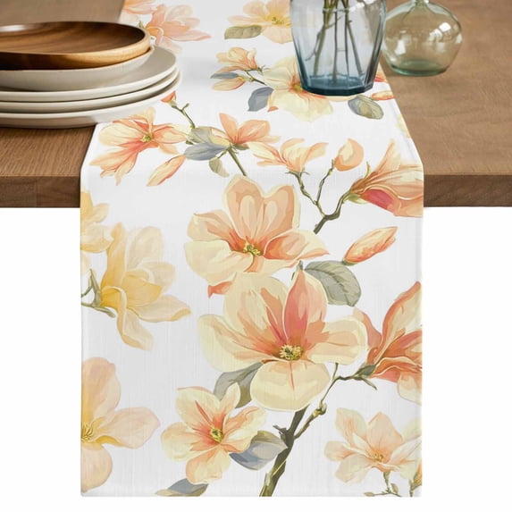 Orange Flowers Table Runner 72 Inches, Spring Watercolor Botanical Floral Leaf Plant Bed Runner Dresser Scarves Tabletop for Indoor Outdoor Parties/Ceremony/Banquet, 14" x 72"