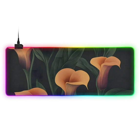 Orange Flowers on Black Background RGB Gaming Mouse Pad Large Keyboard Mat Rubber Base 13 Light Modes