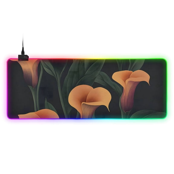 Orange Flowers on Black Background RGB Gaming Mouse Pad Large Keyboard Mat Rubber Base 13 Light Modes