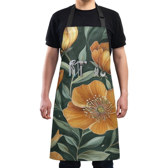 Orange Flowers on Green Chef Kitchen Apron with Pockets for Women Waterproof Aprons for Cooking Baking