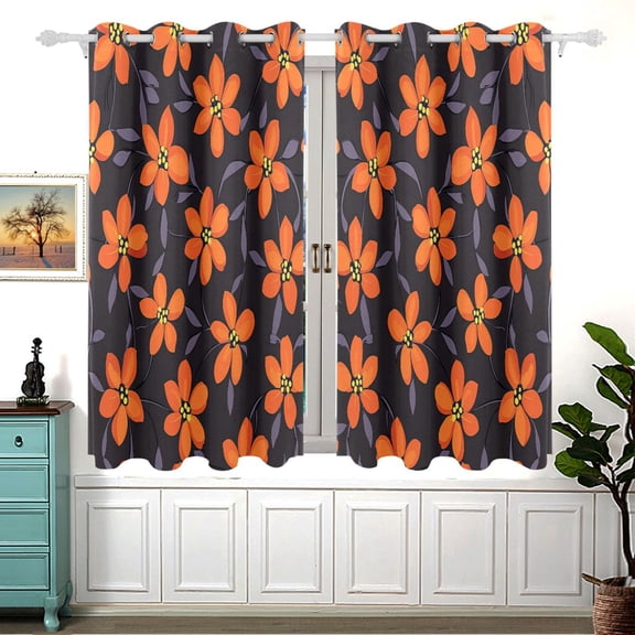 Orange Flowers with Dark Blackout Curtains for Living Room Bedroom 55W x 54L Insulated Window Drapes 2 Panels