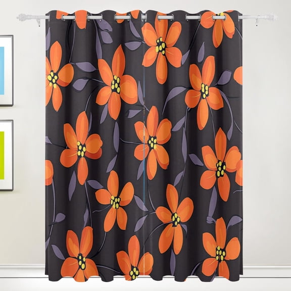 Orange Flowers with Dark Blackout Curtains for Living Room Bedroom 55W x 72/84L Insulated Window Drapes 2 Panels