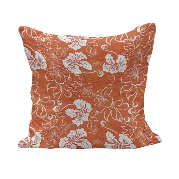 Orange Fluffy Throw Pillow Cushion Cover, Hawaiian Pattern with Tropical Climate Hibiscus Flowers Abstract Summer Flourish, Decorative Square Accent Pillow Case, 18" x 18", Orange White, by Ambesonne