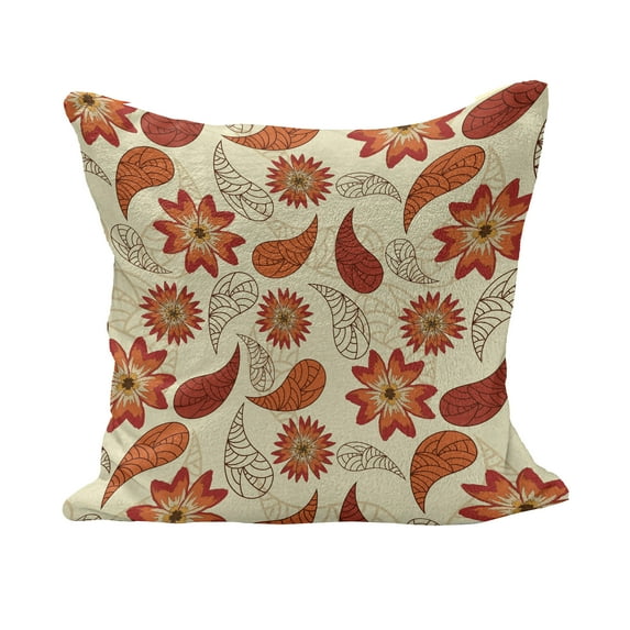 Orange Fluffy Throw Pillow Cushion Cover, Red Poppy Flowers in Retro Style and Leaves Flourish Paisley Pattern, Decorative Square Accent Pillow Case, 18" x 18", Orange Red Peach, by Ambesonne