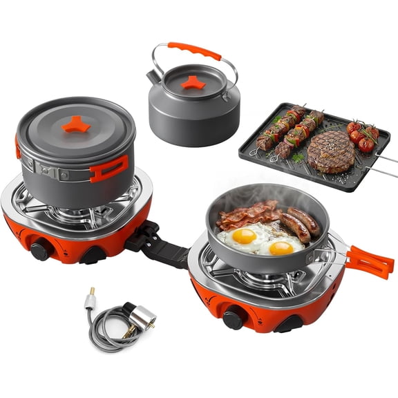 Orange Foldable 2 Burner Propane Camping Stove 20000 BTU Windproof Outdoor Gas Kit with Cookware & Carry Bag for RV Tailgating