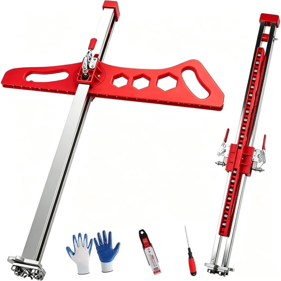 Orange Foldable Drywall Cutter, Hand Push Plasterboard Slicer with 19 Wheels. Adjustable cutting width from 1.5 to 61cm, ideal for wall construction and decoration projects.