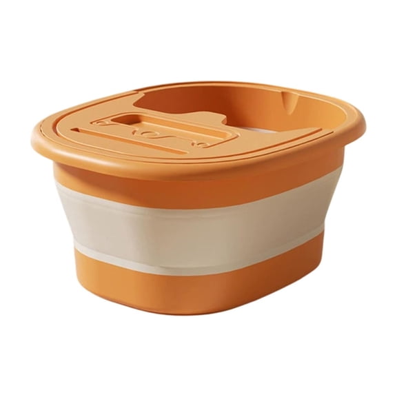 Orange Foldable Portable Foot Soaking Basin With Lid Insulated Heat Retention Massage Nubs Built-In Device Stand For Home Use Collapsible Design Measuring 15.75X13.39X7.87 Inches