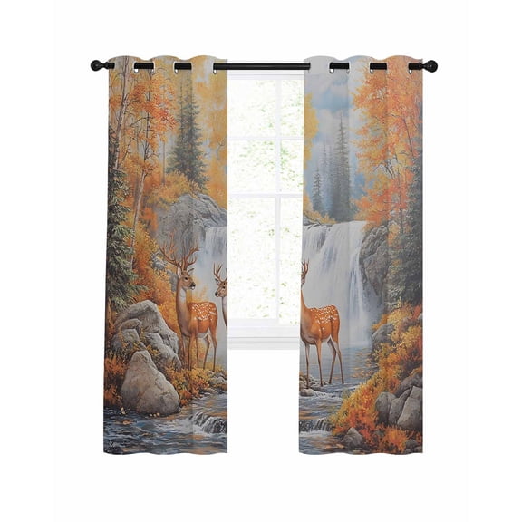 Orange Forest Elk Blackout Curtains, Light Blocking Print Window Curtains, Farmhouse Deer River Thermal Insulated Window Drapes for Living Room Kitchen Cafe 2 Panels, 84"W x 84"L