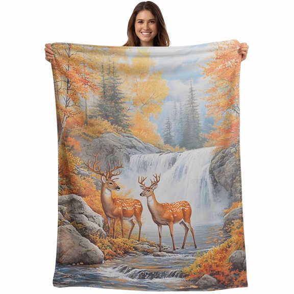 Orange Forest Elk Blanket Soft Cozy Warm Throw Blanket for Couch, Plush Fuzzy Flannel Fleece Blankets for Sofa, Farmhouse Deer River Bed Blankets Lightweight Gifts for Women, 32"x48"